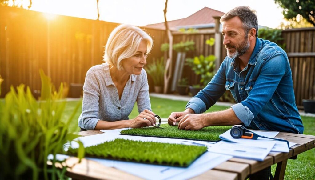 A man and woman discussing artificial turf samples on a table outdoors. They appear to be examining the texture and quality of the samples, with sunlight casting a warm glow over the scene.