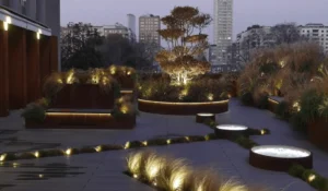 Beautiful rooftop garden with modern landscape lighting at dusk. Click here to learn how to design your own landscape lighting for a serene outdoor space.